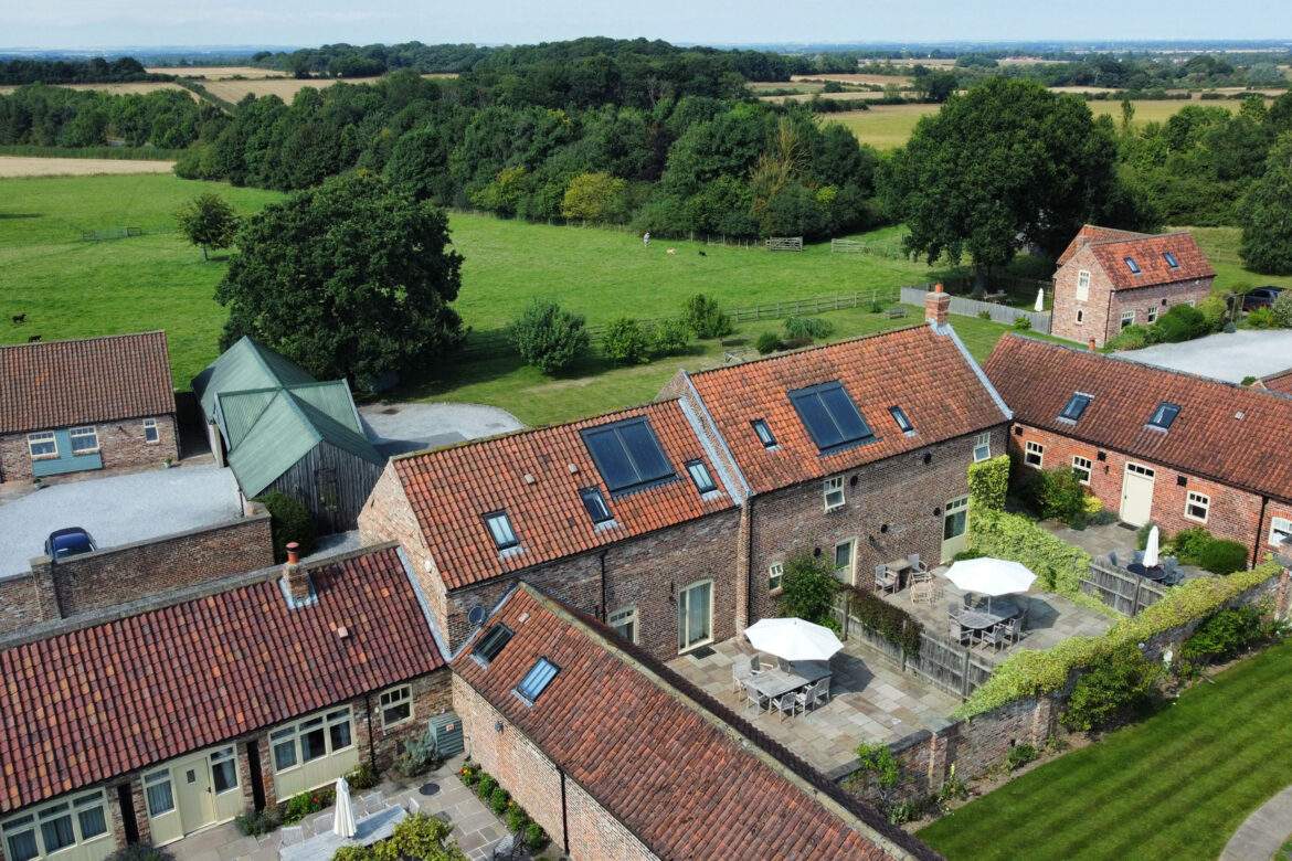 aerial view of the gardens at the holiday cottages