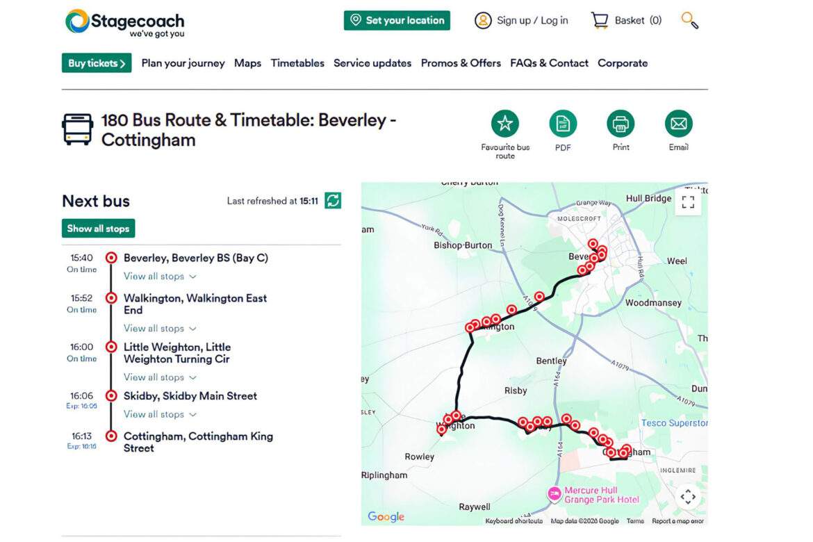map of a bus route and the times