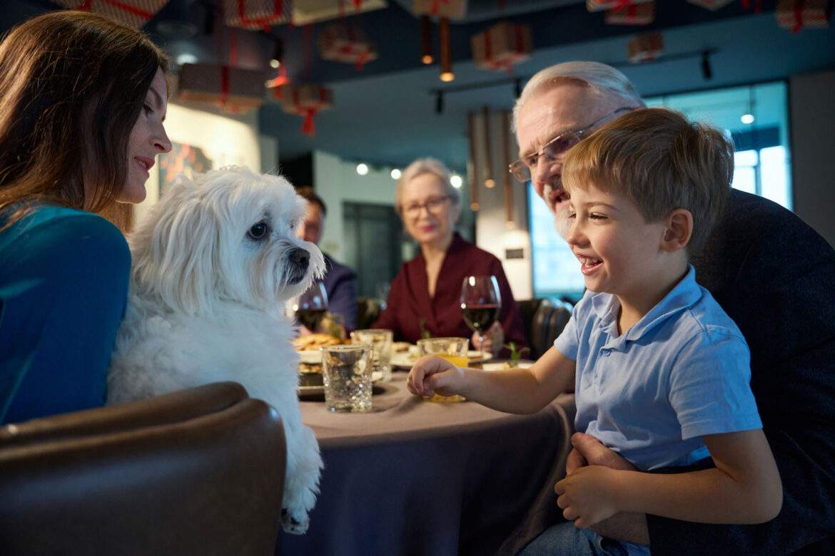family in a restaurant with their dog